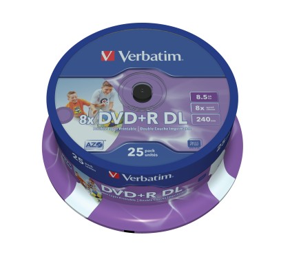 VERBATIM inkjet printable DVD+R 8.5GB 8x 25-pack spindle Dual Layer DataLife Plus, white fullsize surface