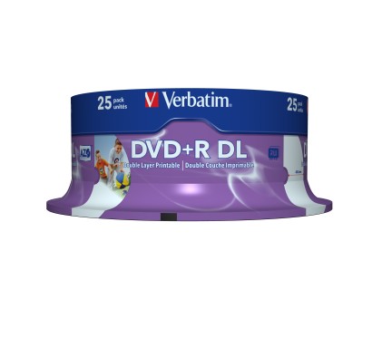 VERBATIM inkjet printable DVD+R 8.5GB 8x 25-pack spindle Dual Layer DataLife Plus, white fullsize surface