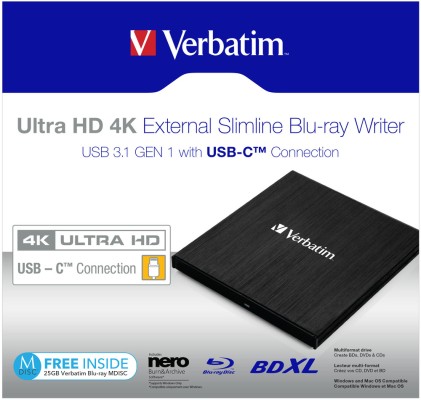Verbatim Masterizzatore Esterno Slimline Blu-Ray Writer 4K Type-C