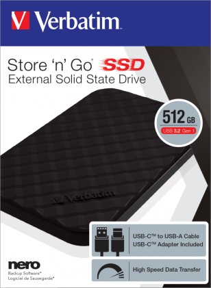 Verbatim Ssd Esterno Store N Go Portable Ssd Usb 3.2 Gen1 512Gb Black (Usb-C Type) 6.35Cm (2.5)