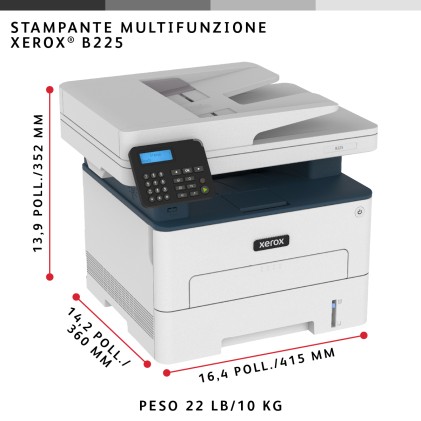 Xerox B225 A4 34 ppm Copia/Stampa/Scansione wireless con stampa fronte/retro PS3 PCL5e/6 ADF 2 vassoi Totale 251 fogli