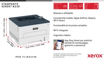 Xerox B230 A4 34 ppm Stampante fronte/retro wireless PCL5e/6 2 vassoi Totale 251 fogli