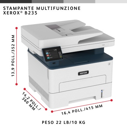 Xerox B235 A4 34 ppm Copia/Stampa/Scansione/Fax wireless con stampa fronte/retro PS3 PCL5e/6 ADF 2 vassoi Totale 251 fogli