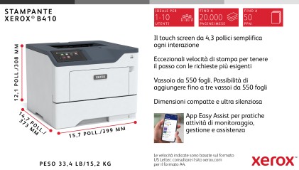 Xerox B410 A4 47 ppm Stampante fronte/retro PS3 PCL5e/6 2 vassoi Totale 650 fogli