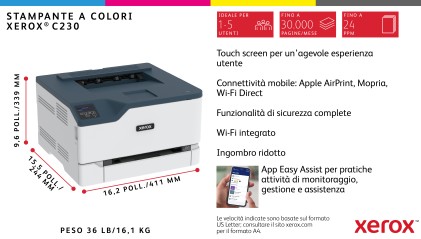 Xerox C230 A4 22 ppm Stampante fronte/retro wireless PS3 PCL5e/6 2 vassoi Totale 251 fogli
