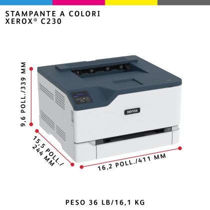 Xerox C230 A4 22 ppm Stampante fronte/retro wireless PS3 PCL5e/6 2 vassoi Totale 251 fogli