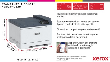 Xerox C320 A4 33 ppm Stampante fronte/retro wireless PS3 PCL5e/6 2 vassoi Totale 251 fogli