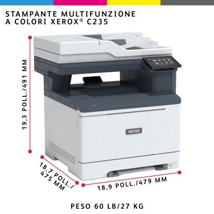 Xerox C325 A4 33 ppm Copia/Stampa/Scansione/Fax fronte/retro wireless PS3 PCL5e/6 2 vassoi 251 fogli
