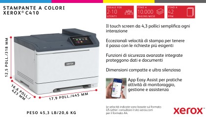 Xerox C410 A4 40 ppm Stampante fronte/retro PS3 PCL5e/6 2 vassoi 251 fogli