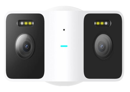 Telecamera da esterno Xiaomi CW100 con doppia fotocamera: doppio obiettivo ultra grandangolare, risoluzione 2K 3MP, visione notturna a colori, rilevamento di persone e veicoli tramite IA, Wi-Fi, IP66, colore bianco.