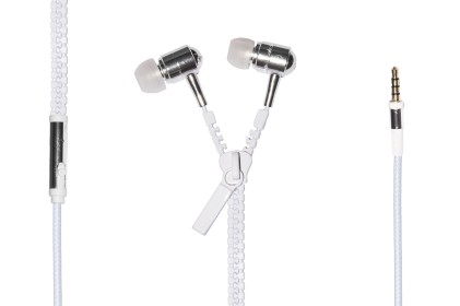 *Auricolari Con Microfono, Plug 3,5 Mm, Cavo Mt 1,2 Apertura A Zip Cavo Bianco E Cuffie Silver