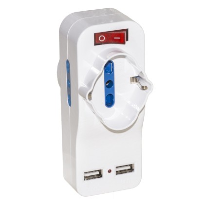 ADATTATORE 1 SPINA ITALIANA TRIPOLARE 16A RUOTABILE + 2 PRESE ITA 10/16A + 2 PORTE USB CON INTERRUTTORE