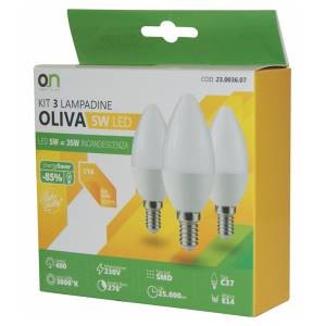 O.N Kit 3x Lampadine LED Oliva E14 6W 3000&deg;K luce calda