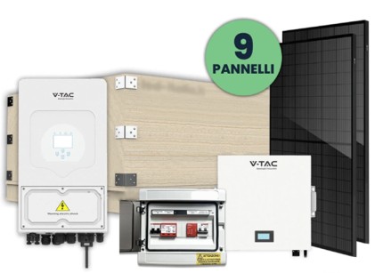 V-TAC Italia KIT Fotovoltaico Monofase 3kW con Inverter Ibrido, 9 Moduli TIER-1 400W (3.6kW) Full Black con Accumulo LFP 5kWh e Quadro Combinato 1-1 AC-DC 3kW