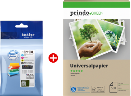 ORIGINALE Brother Value Pack nero / ciano / magenta / giallo LC3219XL MCVP 01 + Carta riciclabile Prindo Green 500 fogli