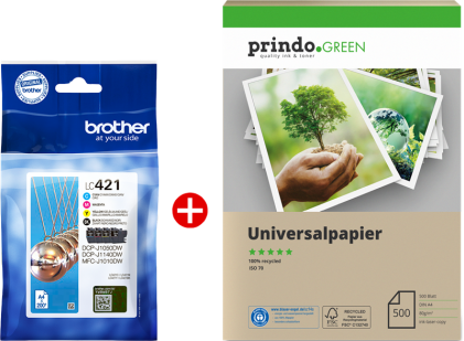 ORIGINALE Brother Value Pack nero / ciano / magenta / giallo LC421 MCVP +  Carta riciclabile Prindo Green 500 fogli