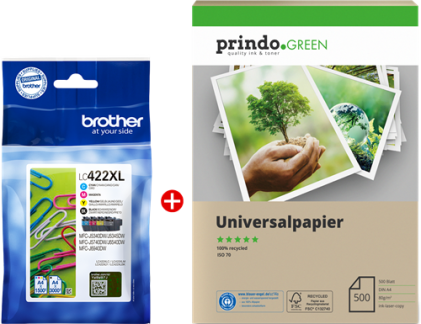 ORIGINALE Brother Value Pack nero / ciano / magenta / giallo LC422XL MCVP +  Carta riciclabile Prindo Green 500 fogli