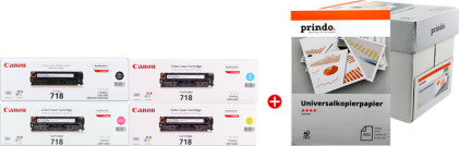 ORIGINALE Canon Value Pack nero / ciano / magenta / giallo 718 MCVP 01 + Prindo carta universale 2500 fogli 12100 pagine