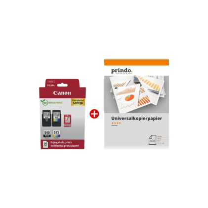 ORIGINALE Canon Value Pack nero / differenti colori / Bianco / Bianco PG-540+CL-541 MCVP + Prindo Universal Papier 500 Blatt 360 pagine
