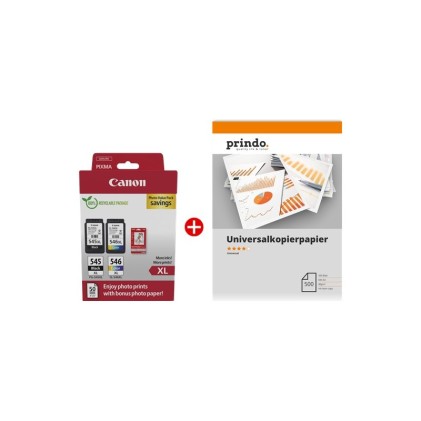 ORIGINALE Canon Value Pack nero / differenti colori / Bianco PG-545XL + CL-546XL MCVP + Prindo Universal Papier 500 Blatt 700 pagine