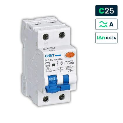 Interruttore Magnetotermico Differenziale Chint Tipo A Curva C 1P+N 2M 6Ka 25A 30Ma 230V