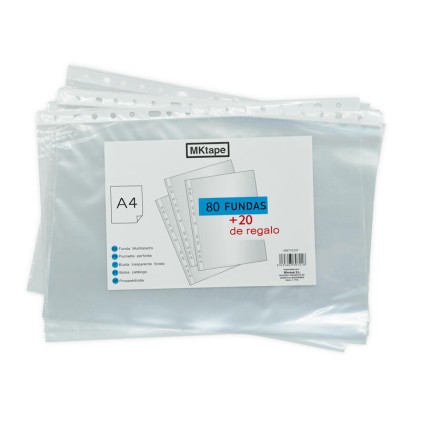 MKtape Confezione da 100 Buste Porta Documenti Multiforo - Formato A4 - 0,5 Micron - Colore Trasparente