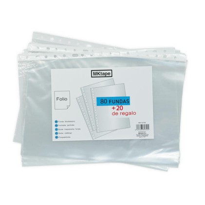 MKtape Confezione da 100 buste portadocumenti multiforo - Formato Folio - 0,5 Micron - Colore trasparente