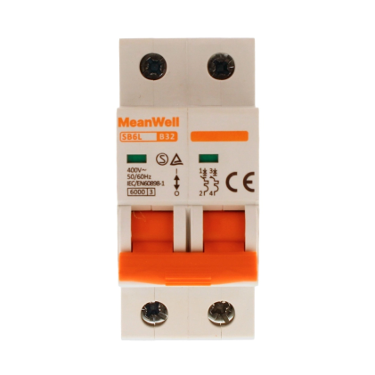 Interruttore Magnetetermico Meanwell Curva B 2P 2M 6Ka B32A Ac 400V Ip20 Iec60898