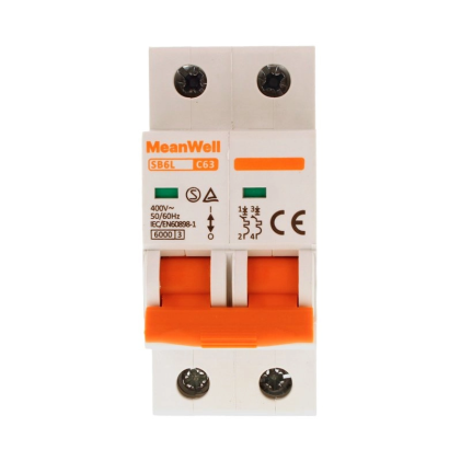 Interruttore Magnetetermico Meanwell Curva C 2P 2M 6Ka C63A Ac 400V Ip20 Iec60898