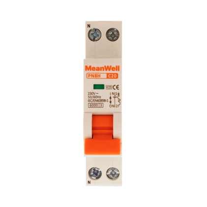 Interruttore Magnetetermico Meanwell Curva C 1 Polo+Neutro 1M 6Ka C20A Ac 230V Ip20 Iec60898