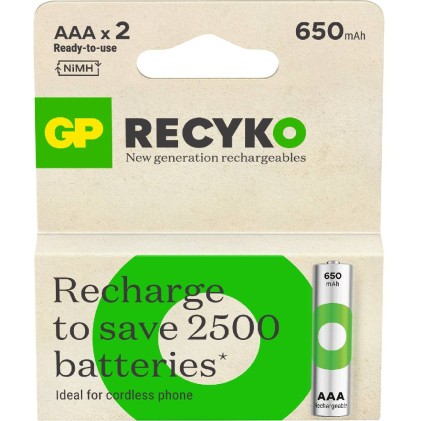 GP Battery Recyko Batteria Ricaricabile 1,5V Mini Stilo AAA 650mAh (Confezione 2 Pezzi)