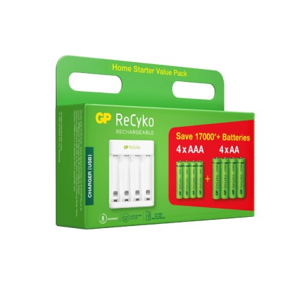 GP Battery Caricabatterie USB Recyko E211 con 4 Batterie Ricaricabili 1,5V Stilo AA NiMH 2100mAh e 4 Batterie Ricaricabili 1,5V Mini Stilo AAA NiMH 800mAh incluse