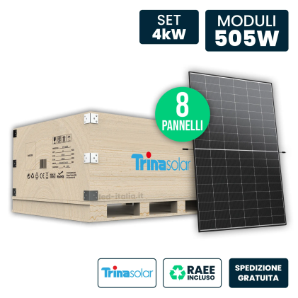 V-TAC Set 3kW con 8 Pannelli Solari 505W Trina Vertex S+ i-TOPCon Doppio Vetro Black Frame 1961x1134x30mm