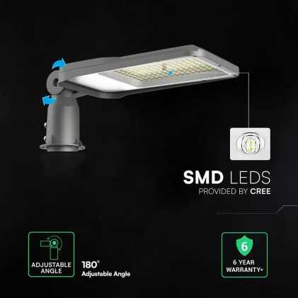 V-TAC Armatura Stradale LED Chip CREE 100W 120LM/W Slim con Inclinazione Regolabile Grigia 4000K IP65