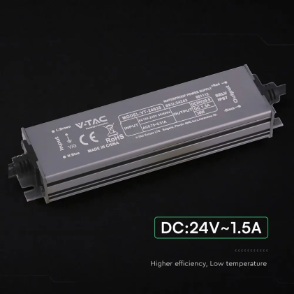 V-TAC Alimentatore LED in Metallo 36W 24V 1.5A con 1 Uscita 140x35x21mm IP67