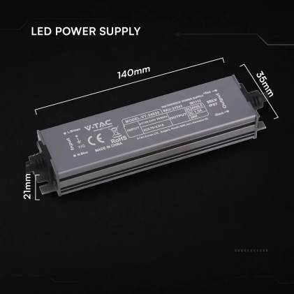 V-TAC Alimentatore LED in Metallo 36W 24V 1.5A con 1 Uscita 140x35x21mm IP67