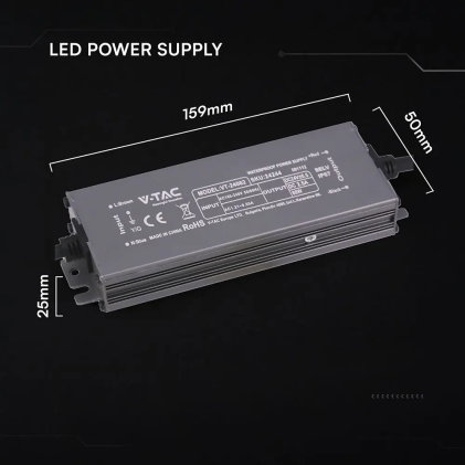 V-TAC Alimentatore LED in Metallo 60W 24V 2.5A con 1 Uscita 159x50x25 IP67