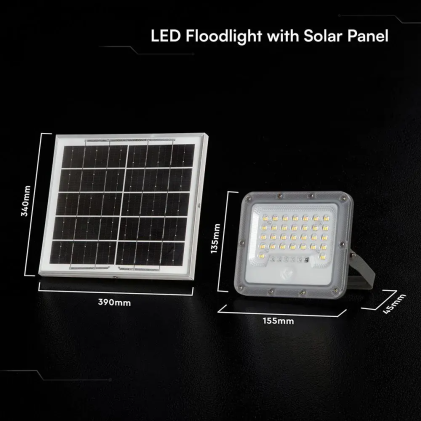 V-TAC Faro LED Solare 10W con Telecomando e Sensore PIR LED Sostituibili Grigio 6000K IP65