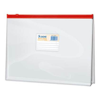 Borsa Folio Dohe in PVC trasparente con cerniera orizzontale da 150 micron - Apertura superiore - Chiusura ermetica con cerniera in rosso