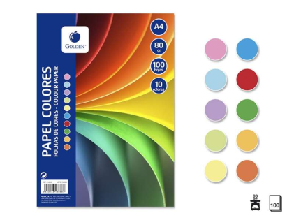 Confezione Golden con 100 Fogli di Carta Colorata A4 80gr - 10 Fogli per Colore - Colori Assortiti