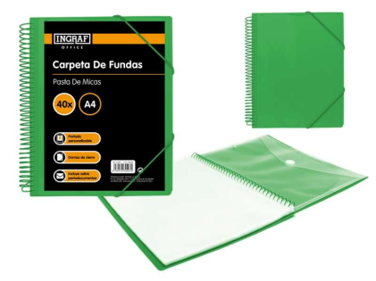 Cartella Ingraf 40 Copertine A4 + Busta con Chiusura - Spirale in Plastica Indeformabile - Apertura a 360 Gradi - Copertina Personalizzabile - Colore Verde