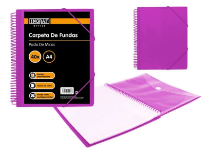 Cartella Ingraf 40 Copertine A4 + Busta con Chiusura - Spirale in Plastica Indeformabile - Apertura a 360 Gradi - Copertina Personalizzabile - Colore Viola