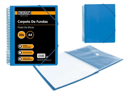 Cartella Ingraf 50 Copertine A4 + Busta con Fibbia - Spirale in Plastica Indeformabile - Apertura a 360 Gradi - Copertina Personalizzabile - Colore Blu