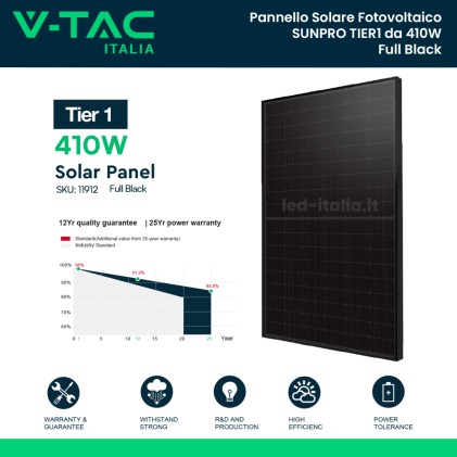 V-TAC Italia KIT Fotovoltaico Monofase 6kW con Inverter Ibrido, 15 Moduli SUNPRO TIER1 410W Full Black senza Accumulo