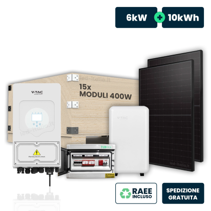 Kit Fotovoltaico Monofase 6Kw Con Inverter Ibrido, 15 Moduli Tier-1 400W (6Kw) Full Black Con Accumulo Lfp 10Kwh E Quadro Combinato 2-2 Ac-Dc 6Kw