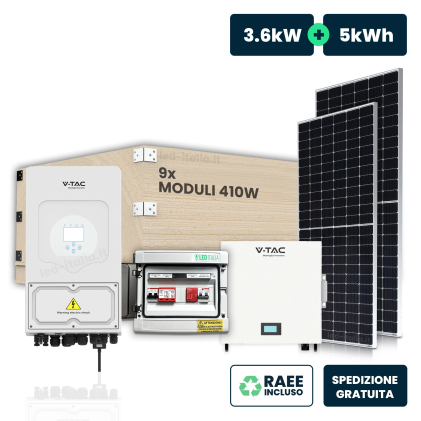 Kit Fotovoltaico Monofase 3.6Kw Con Inverter Ibrido Deye, 9 Moduli 410W Perc (3.7Kw) Silver Frame Con Accumulo Lfp 5Kwh Cei 0-21 Quadri Ac/Dc 1/1 3Kw