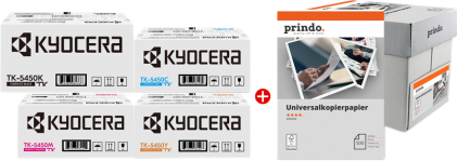 ORIGINALE Kyocera Value Pack nero / ciano / magenta / giallo / Bianco TK-5450 MCVP + Prindo Universal Papier 2500 Blatt 13700 pagine