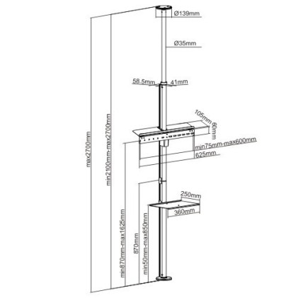 Asta Supporto Per Tv Pavimento-Soffitto Per Monitor 37"-70" Con Ripiano - RICONDIZIONATO