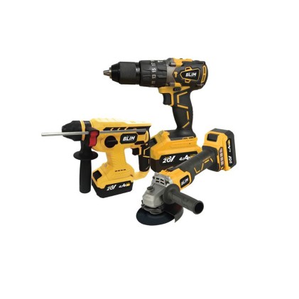 Blim Radial Pacco batterie 115mm 20V 4Ah + Trapano a percussione 20V 4Ah + Trapano a percussione 20V 4Ah - Impugnatura ergonomica - Include 2 batterie e custodia per il trasporto