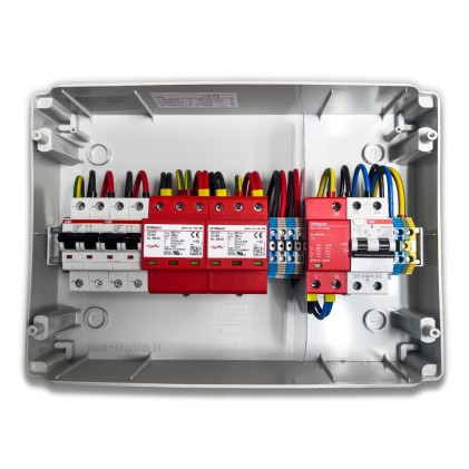 Quadro AC/DC Monofase 6kW 2 Stringhe 2 MPPT - 32A 230V / 16A 600VDC Centralino IP65 18 Moduli versione con Interruttore Magnetotermico Differenziale + Scaricatore ABB / DEHN